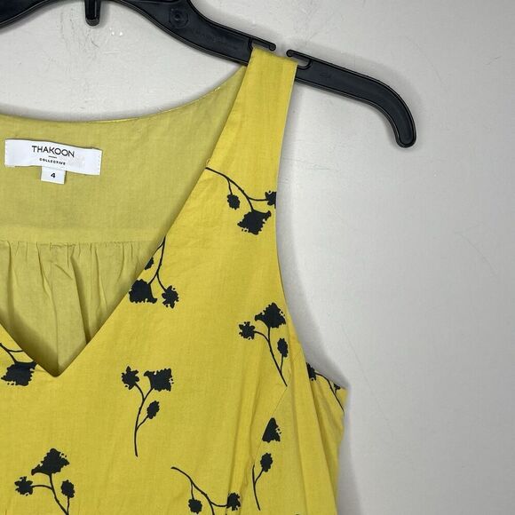 THAKOON Mini Shift Dress Women 4 Yellow Floral Ruffle Sleeveless Cotton V-Neck - Picture 2 of 14